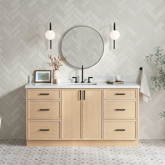 Ariel Kelly 67 Inch Single Rectangular Sink Bathroom Vanity With Italian Carrara Marble Countertop 1.5 Inch Edge In Oak