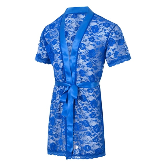TANBOM Men's Floral Lace Short Sleeve Open Front Belted Kimono Sleepwear Robe, Blue, 1-Pack, M