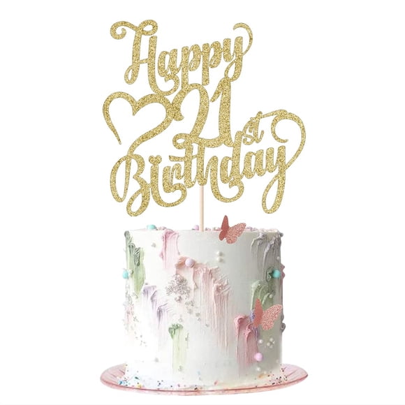 Cake topper AROKIPPRY con brillo dorado, feliz 21.º cumpleaños