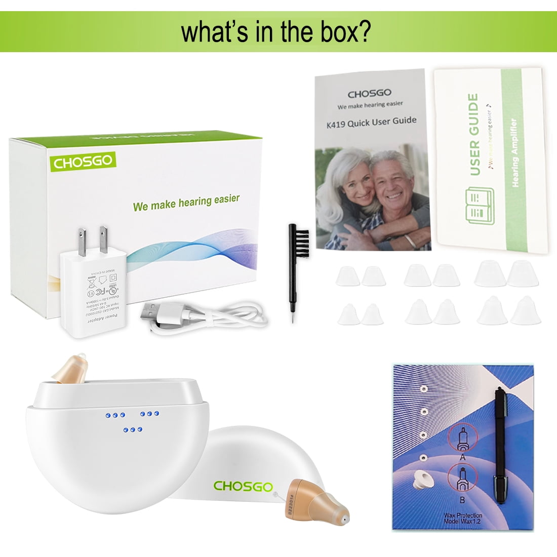 Chosgo K419 Rechargeable CIC Hearing Aids for Seniors with Noise Cancelling, Digital Hearing Amplifiers with 12-Channel, Mini Personal Sound Amplifier for Ear with Portable Charging Case(Beige)