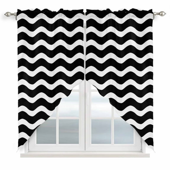 Black Moire Ombre Kitchen Window Curtains, Swag Curtains Valance for Bedroom Living Room Bathroom, Water Ripple Stripe Farmhouse Rod Pocket Window Treatment Curtain Block Drapes 2 Panels 36"x63"