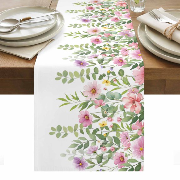 Pink Green Spring Table Runner - 70 Inch Long, Kitchen Dining Table Runner Dresser Scarves, Floral Eucalyptus Leaves Watercolor Plant Farmhouse Decor for Coffee Tables Wedding Party Banquet