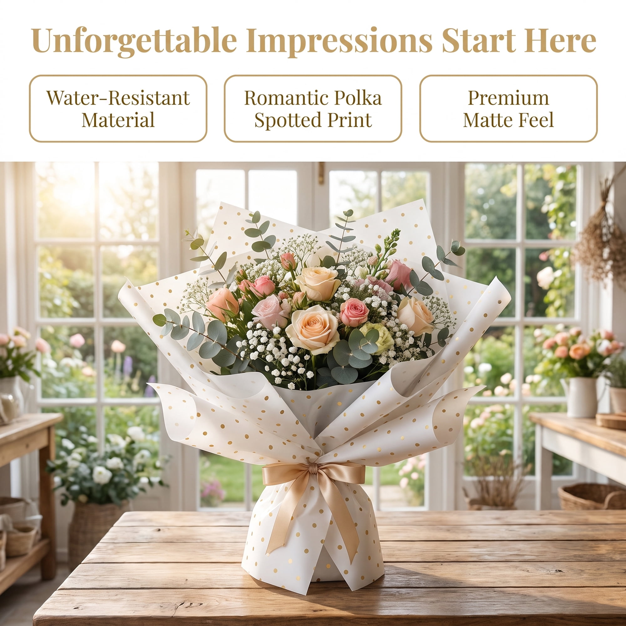 Unique Bargains Waterproof Luxury Matte Gift Wrapping Paper for Bouquets Gold 22"x22"