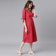 thumbnail image 5 of Janasya Summer V-Neck Half Sleeve Checkered Red Cotton Loose Midi Dress For Women, 5 of 7