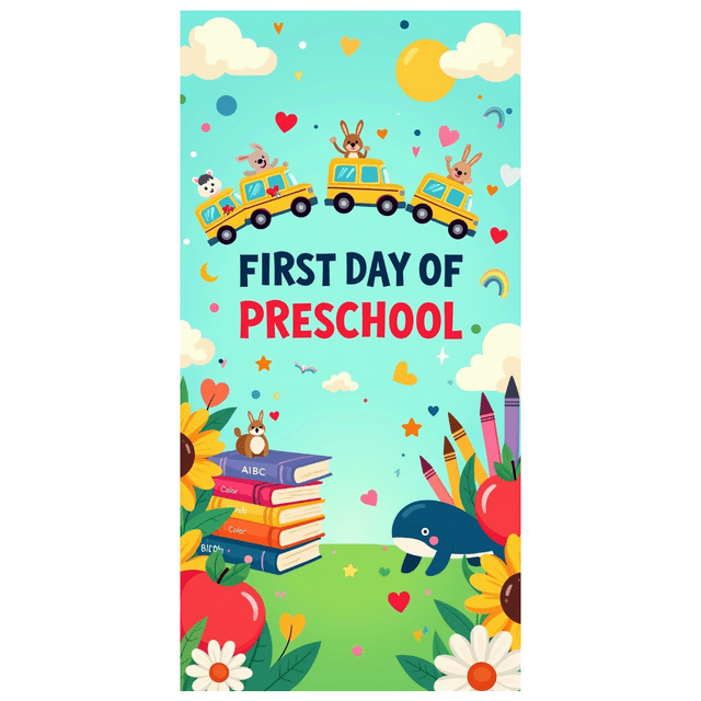 Colorful Preschool Themed Backdrop Banner with School Bus Books Apples Sun and Clouds for First Day of Preschool Party Decorations Photography Props Classroom Decor Background