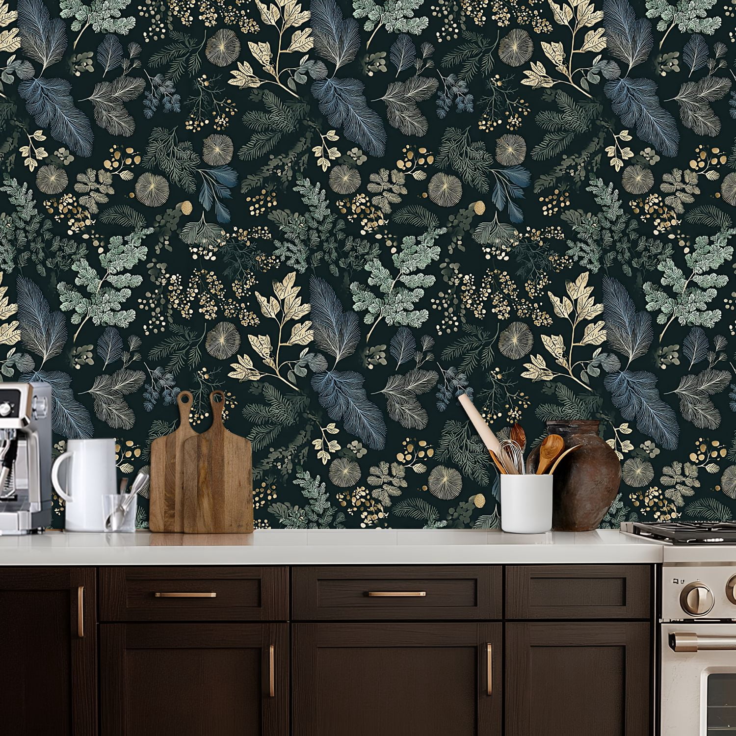 Woodland Peel and Stick Wallpaper 17.7in x 9.8ft Botanical Leaf Gold Accents Dark Green Contact Paper Vinyl Waterproof Self Adhesive Wall Paper for Bedroom Shelf Cabinet Renter Friendly