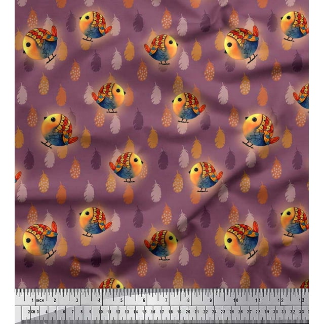Soimoi Modal Satin Fabric Feather & Bird Cartoon Printed Fabric 1 Yard 42 Inch Wide