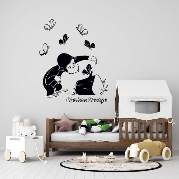 Removable Curious George Cartoon Wall Art Decal | George And Butterflies Home Art Decor Design - 20" x 24" Kids Bedroom Nursery Vinyl Adhesive Monkey Ape Animal Decoration Sticker