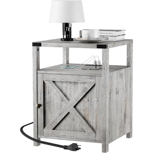 JJUN Farmhouse Nightstand with Charging Station, Grayish White End Table Bedroom with Storage Living Room Side Table Beige Night Stand Industrial Bedside Bed Table with USB Ports and Outlets