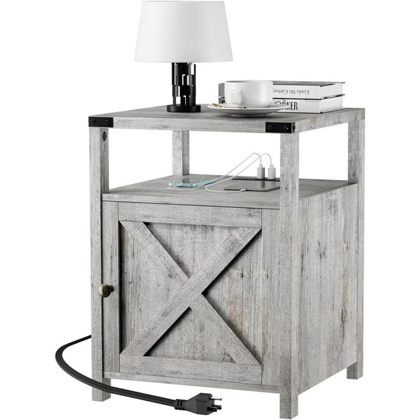 JJUN Farmhouse Nightstand with Charging Station, Grayish White End Table Bedroom with Storage Living Room Side Table Beige Night Stand Industrial Bedside Bed Table with USB Ports and Outlets