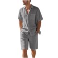 thumbnail image 3 of Men's Linen Cotton Short Sleeve Shirt and Drawstring Shorts Set Solid Color Casual Flip Collar Beach Vacation Travel Loungewear Outfits Modern Fashion Essential | AESTIVO,Gray L, 3 of 8