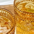 thumbnail image 4 of Vintage Textured Amber Striped Drinking Glasses Set of 6-13 oz Ribbed Glassware with Flower Design| Cocktail Set, Juice Glass, Water Tumbler, 4 of 7