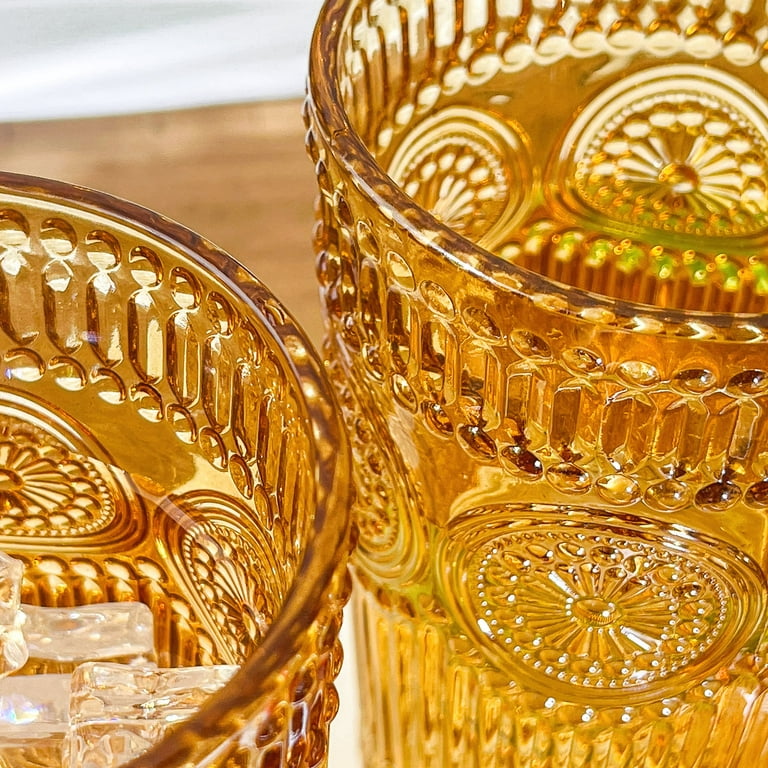 Vintage Textured Amber Striped Drinking Glasses Set of 6-13 oz