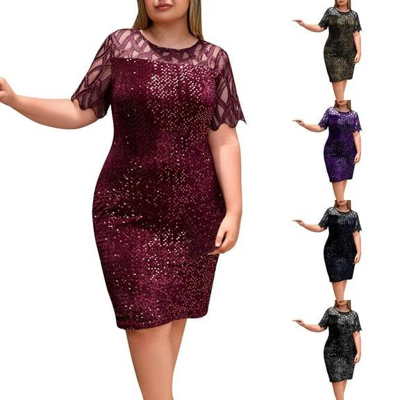 THDHVS Plus Size Dresses for Curvy Women,Womens Dresses,Womens Solid Color Sequin Plus Size Womens Short Sleeve Lace Dress Rose Gold 2XL