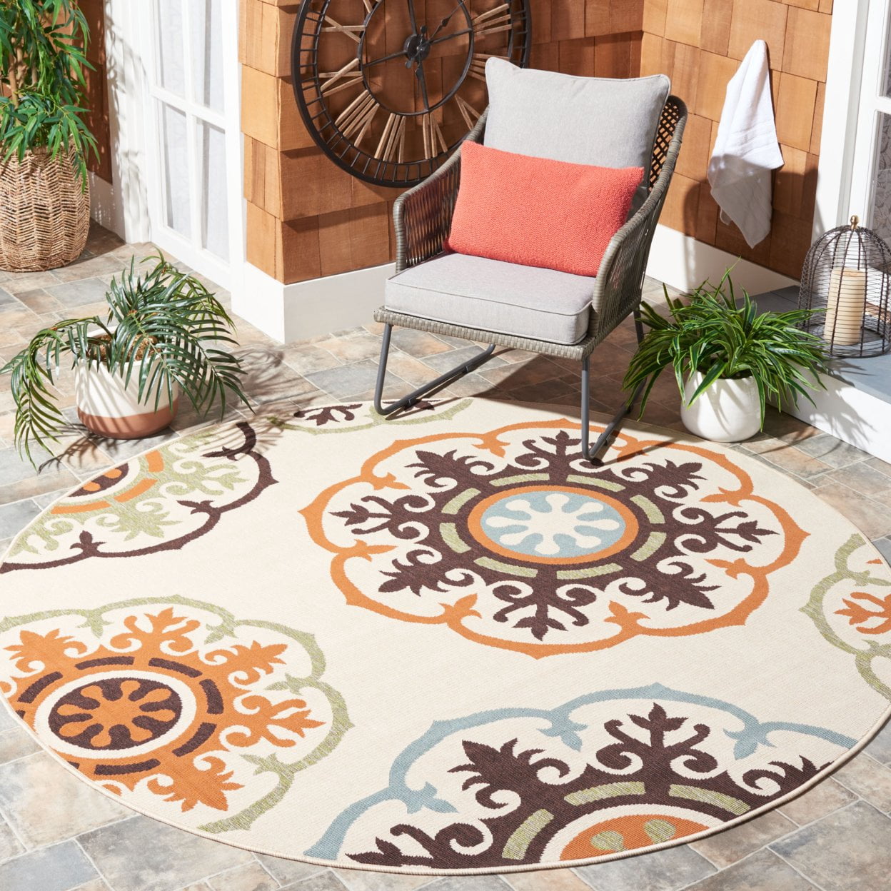 SAFAVIEH Veranda Maras Floral Indoor/Outdoor Runner Rug, Cream/Terracotta, 2'3" x 8'