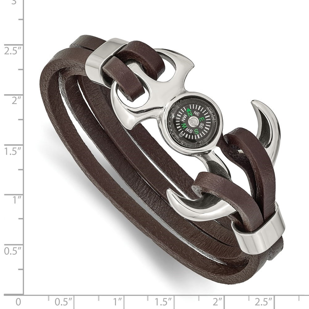 Diamond2Deal Stainless Steel Polished Functional Compass Multi Strand Brown Leather Bracelet for Men 8.5"