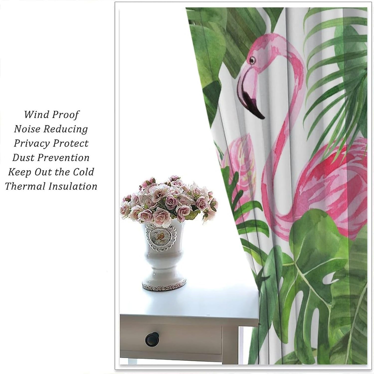 Tropical Curtain Green Botanical and Flamingo Blackout Print Rod Pocket Window Drapes for Bedroom Living Room 52x84in