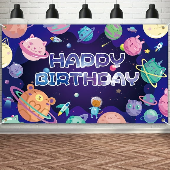 Space Happy Birthday Banner Background Decoration Outer Space Birthday Party Supplies Cat Planet Galaxy Space Astrology Astronomy Astronaut Hologram Background Birthday Decoration