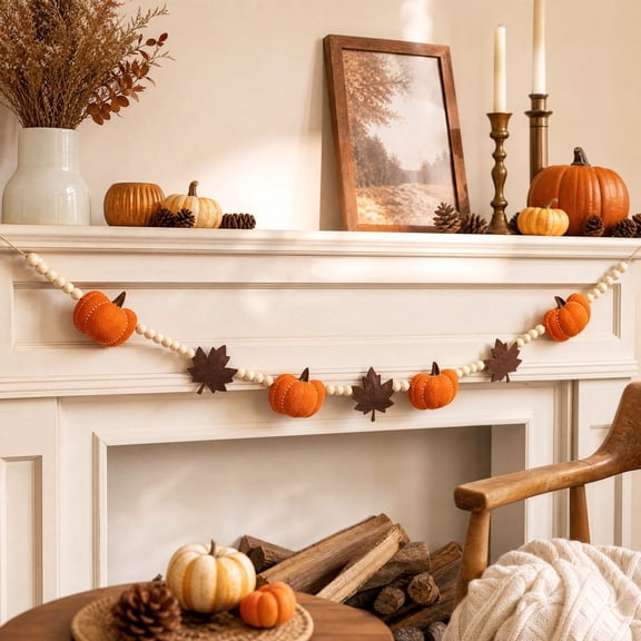 Fall Pumpkin Garland with Maple Leaves and Wood Beads, 6.56 FT Pumpkin Garland Autumn Decor, Thanksgiving Mantel Fireplace Home Decorations