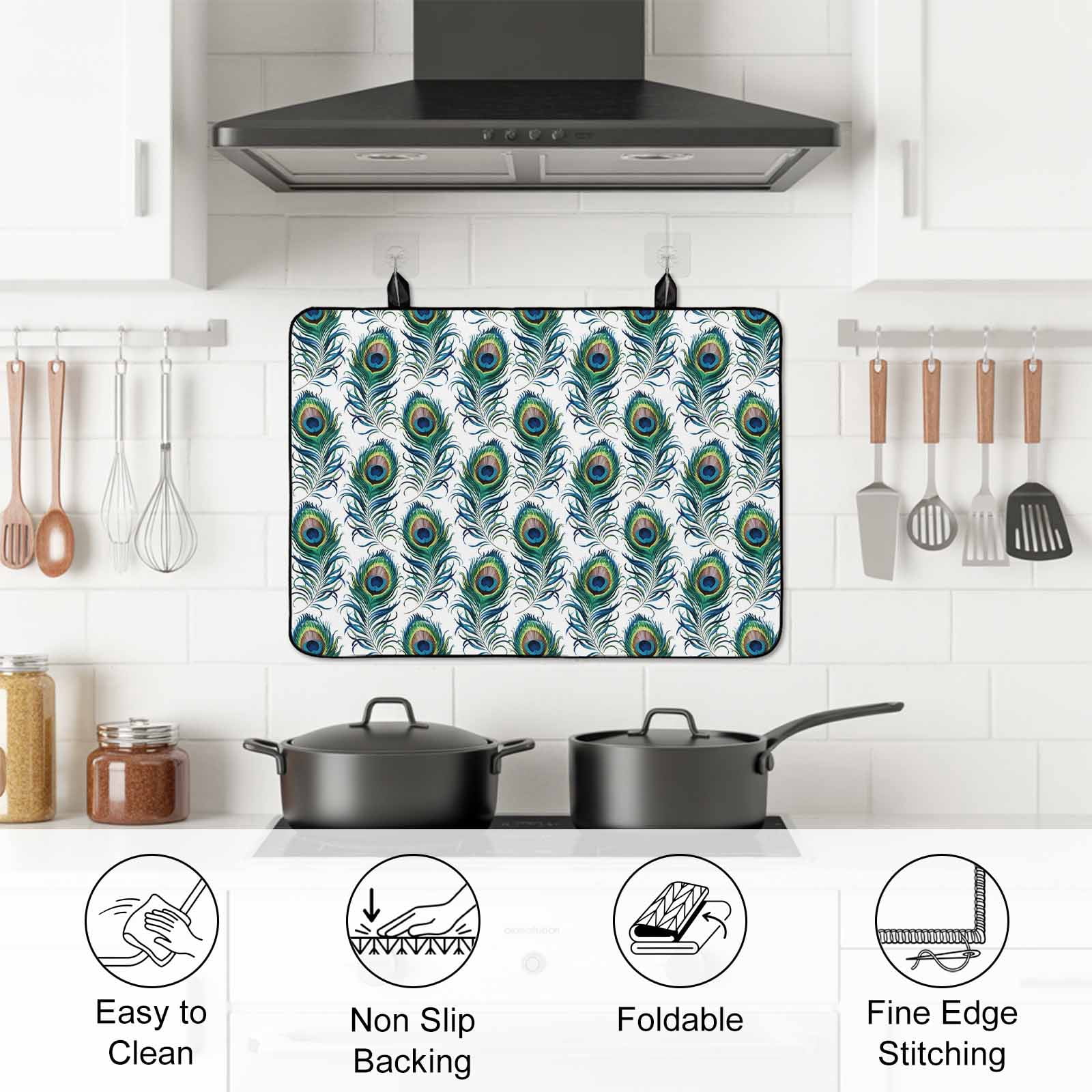 Peacock Feathers Stove Top Cover for Electric Stove, Heat-proof & Non Slip Glass Top Stove Cover Protector, Modern Watercolor Peacock Kitchen Flat Cooktop Rubber Mat 24x21 Inches