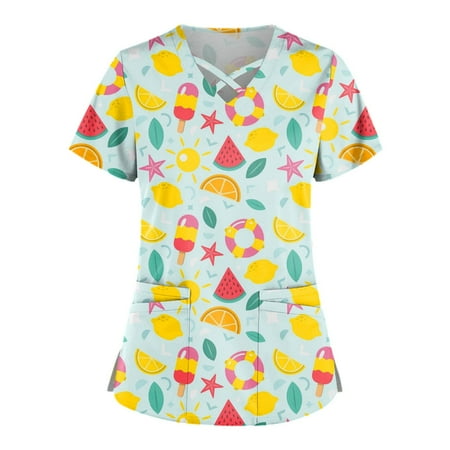

SHUDAGENG Womens Tops Plus Size Cute Printed Scrub Working Uniform Tops for Womens Cross V Neck Short Sleeve Fun T-shirtss Workwear Tee with Double Pockets Blue S