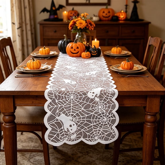 Halloween Table Runner, White Runner, Hallows Eve Holiday Kitchen Dining Table Decor, Festive Table Setting, Halloween Decor Halloween Decoration 2026