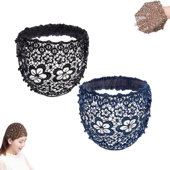 Wide Floral Beaded Headband - Crystal & Pearl Embellished Lace Hairband for Boho, Wedding, Party or Daily Wear (2-Pack, Plum Blossom Pattern)
