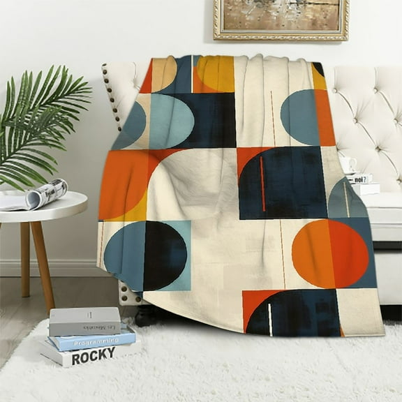 ARISTURING Mid Century Modern Throw Blanket | Fuzzy, Soft, Warm, Cozy, Reversible Blanke Retro Orange Blue Abstract Geometry Blanket for Bed Couch Sofa Chair Travel