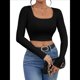 thumbnail image 2 of Tops Cortos de Larga para Mujer, con Cuello Cuadrado Acanalado, Ajustados, Informales, A para Dama Negro L, 2 of 7