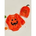 thumbnail image 4 of Gzhioc Infant Baby Girls Boys Halloween Outfits 0 3 6 9 12 Months Long Sleeve Grimace Romper with Hat Halloween Clothes Set, 4 of 9
