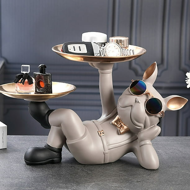 Estatua De Perro Decoración de estatua de perro de resina con escultura de Bulldog francés de 2 bandejas para pastel (gris) Wdftyju Libre de BPA