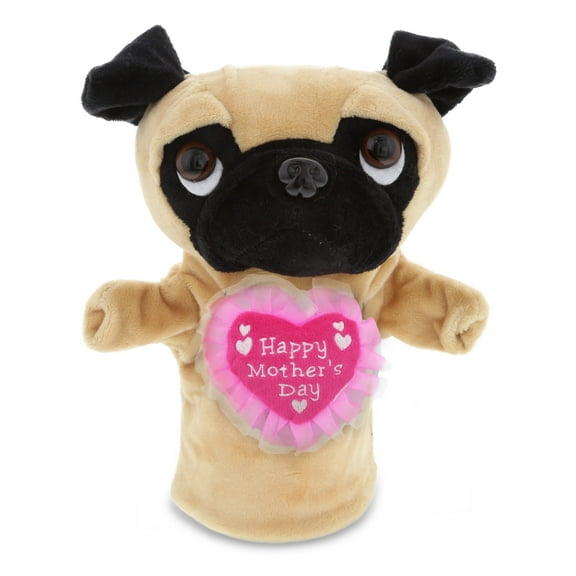 DolliBu Happy Mother's Day Pug Dog Plush Hand Puppet - Cute Stuffed Animal Present With Pink Heart Message for Best Mommy, Grandma, Wife, Daughter - Cute Wild Life Plush Puppet Toy Gift - 10 Inches
