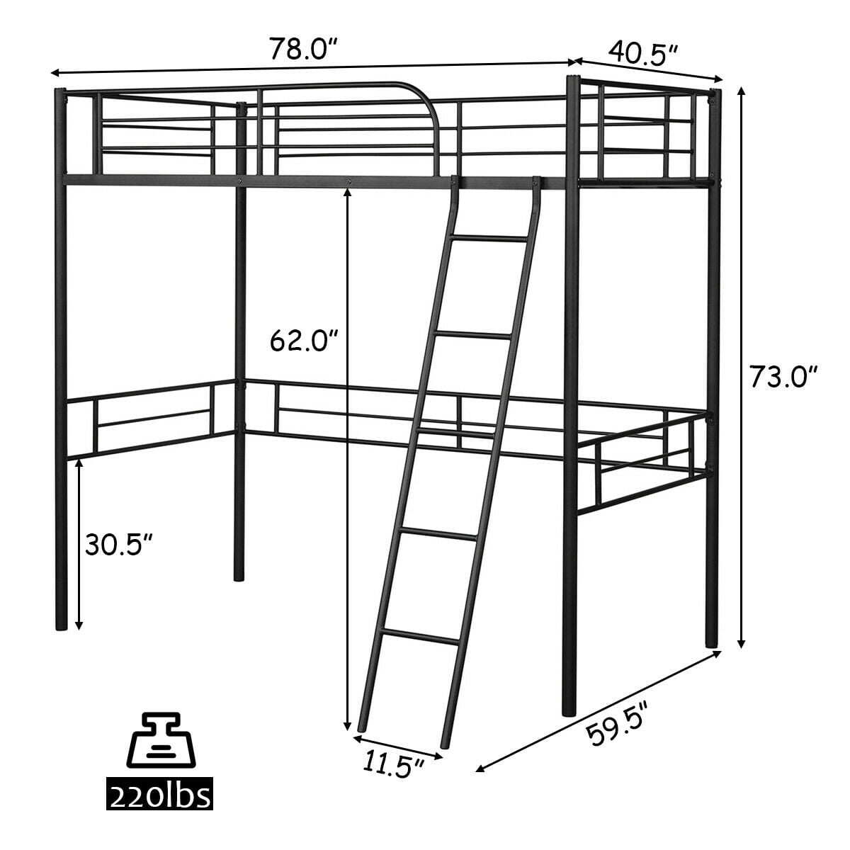 Gymax Loft Metal Single Bed Kids and Teens with Safety Guardrails Ladder, Twin, Black