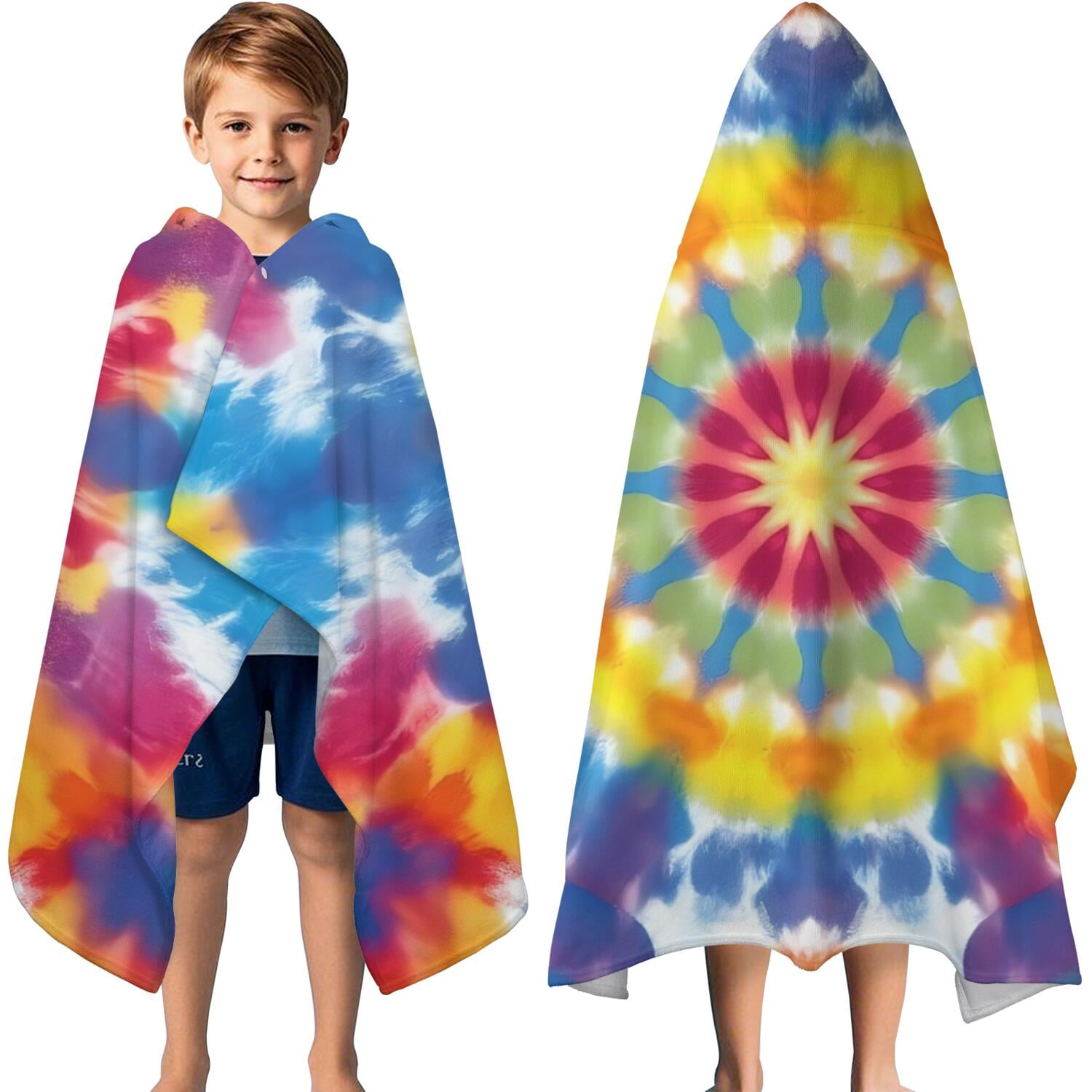 Colorful Rainbow Tie Dye Spiral Pattern Hooded Bath Towel，60"x35" for Ages 3 To 12 Kids, Quick Dry Lightweight Soft Microfiber Hood Beach Towel Cover Up for Kids