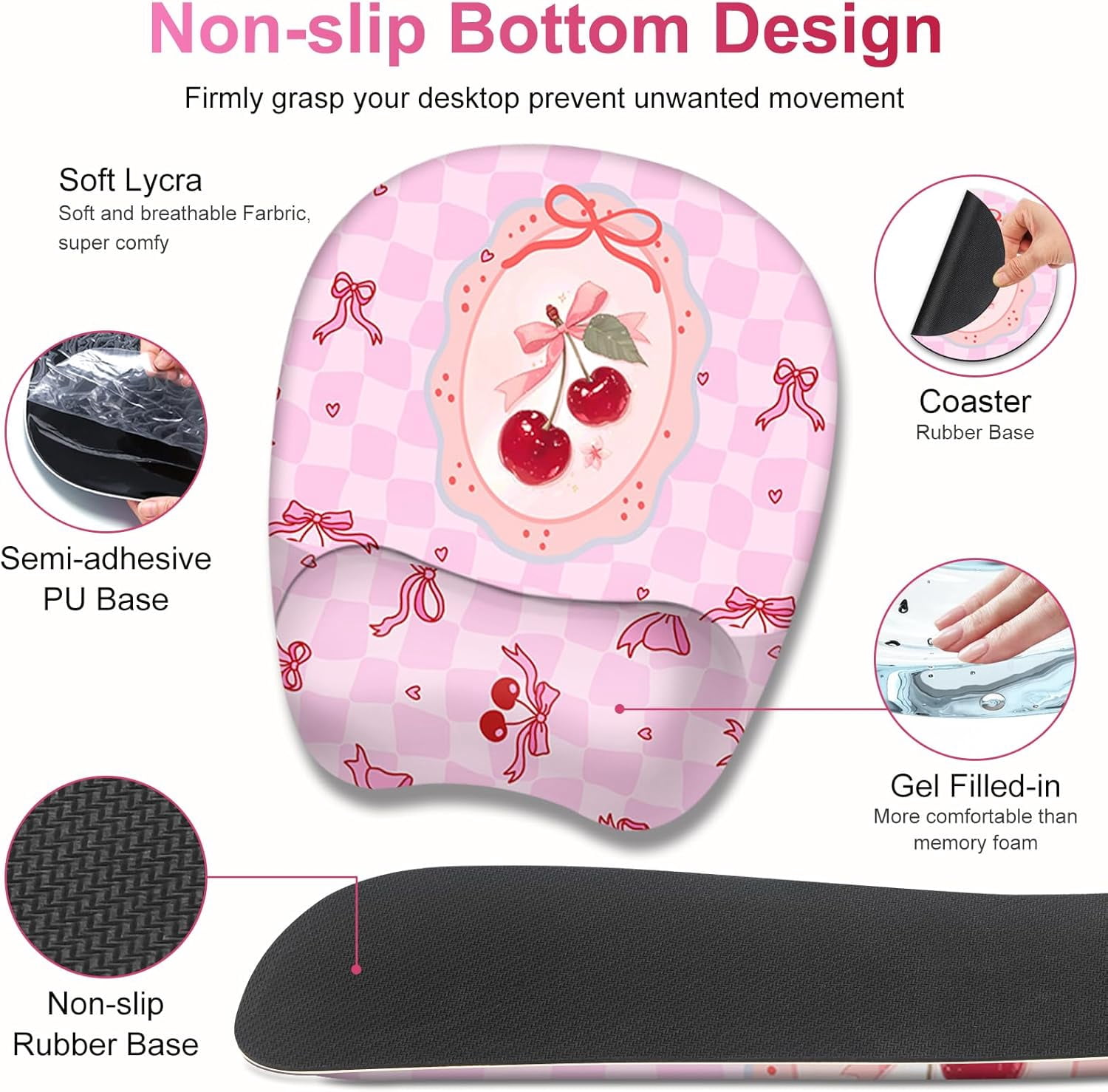 Cute Check Mouse Pad with Wrist Support 4 in1 Set, XXL Big Game Mousepad + Keyboard Wrist Rest + Mouse Wrist Rest Pad +Coaster Gaming Mat for Work Study Home Office I Pink Cherry & Bow Dream