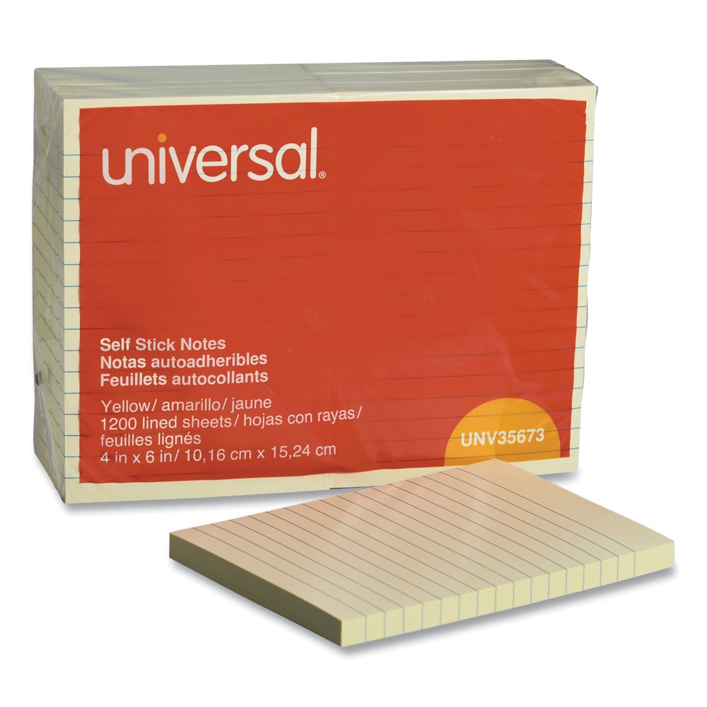 Universal SelfStick Note Pads, Lined, 4 x 6, Yellow, 100Sheet, 12