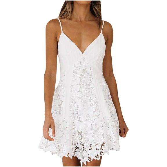 LEAVINGSUO Sleeveless Dresses for Women Plus Size Women Summer Fashion V-Neck Solid Sleeveless Lace Loose Knee-Length Dress