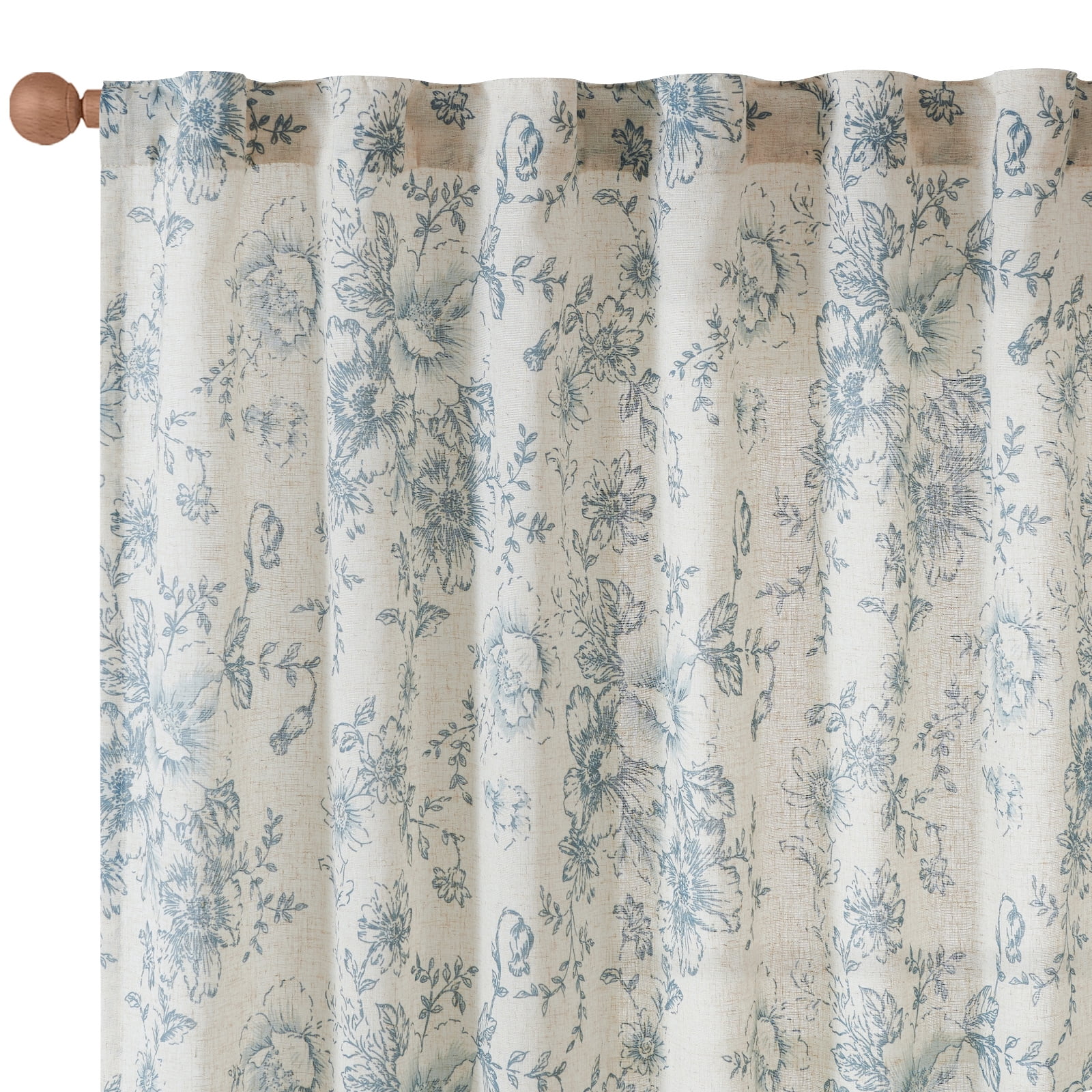 CURTAINKING Linen Curtains Floral Curtains for Living Room 84 Inch Length Blue Printed Curtains Rod Pocket Back Tab Farmhouse Peony Flower Patterned Drapes Bedroom Window Curtain Set 2 Panels