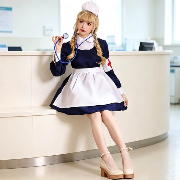 FASHOFT Halloween Dresses For Women Blue White Maid Nurse Stage Performance Cosplay Party Fancy Dress Outfit Halloween Costumes L