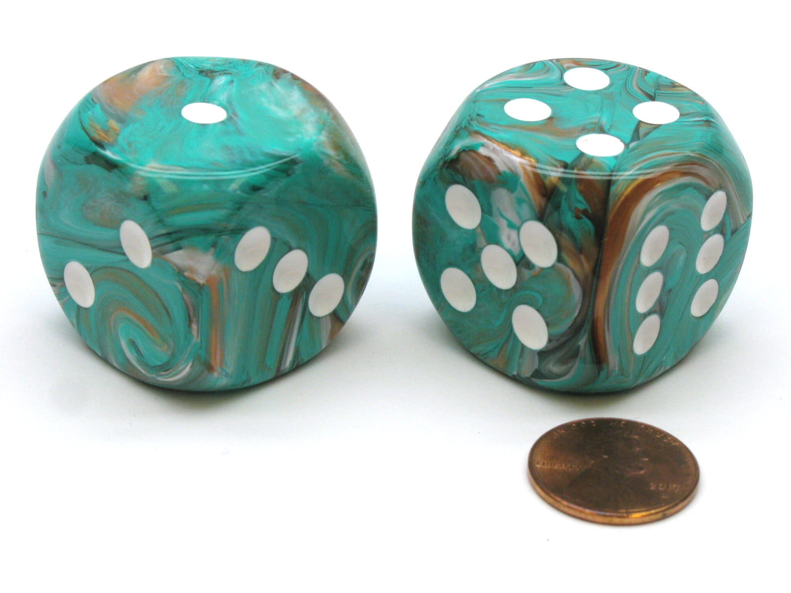 Marble 30mm Large D6 Chessex Dice, 2 Pieces OxiCopper with White