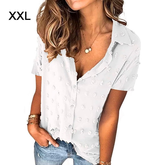 Camisa de mujer Blusa de gasa informal Camisa con botones de manga corta para niña, Blanco, XXL sidaley  AP001376-05