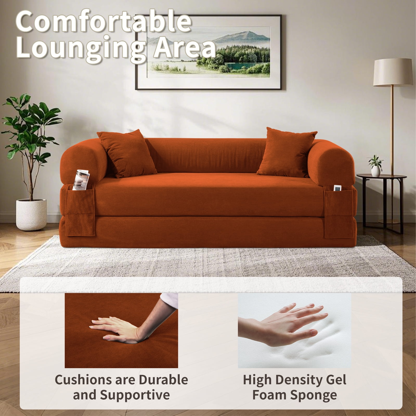 3 in 1 Convertible Sofa Bed, 80" Corduroy Folding Pull Out Couch with 2 Pillows, Floor Sofa with Side Storage for Living Room, No Assembly Modern Boneless Couch Compression Sofa, 35.4"W