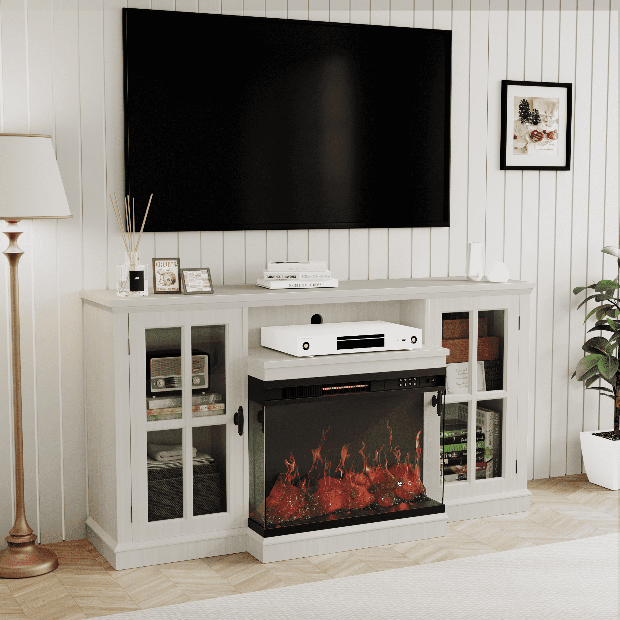 Homall Fireplace TV Stand for TVs up to 65" 3-Sided Glass Modern Media Entertainment Center with Cabniet Storage Adjustable Flame Color Fireplace,White