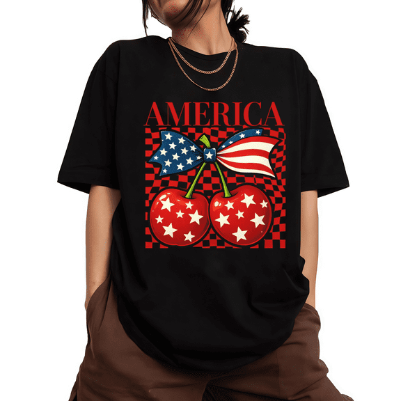Red Checkerboard USA Cherry Bow Womens S-5XL Patriotic 4th Of July Graphic Short Sleeve T-Shirt Black Tops