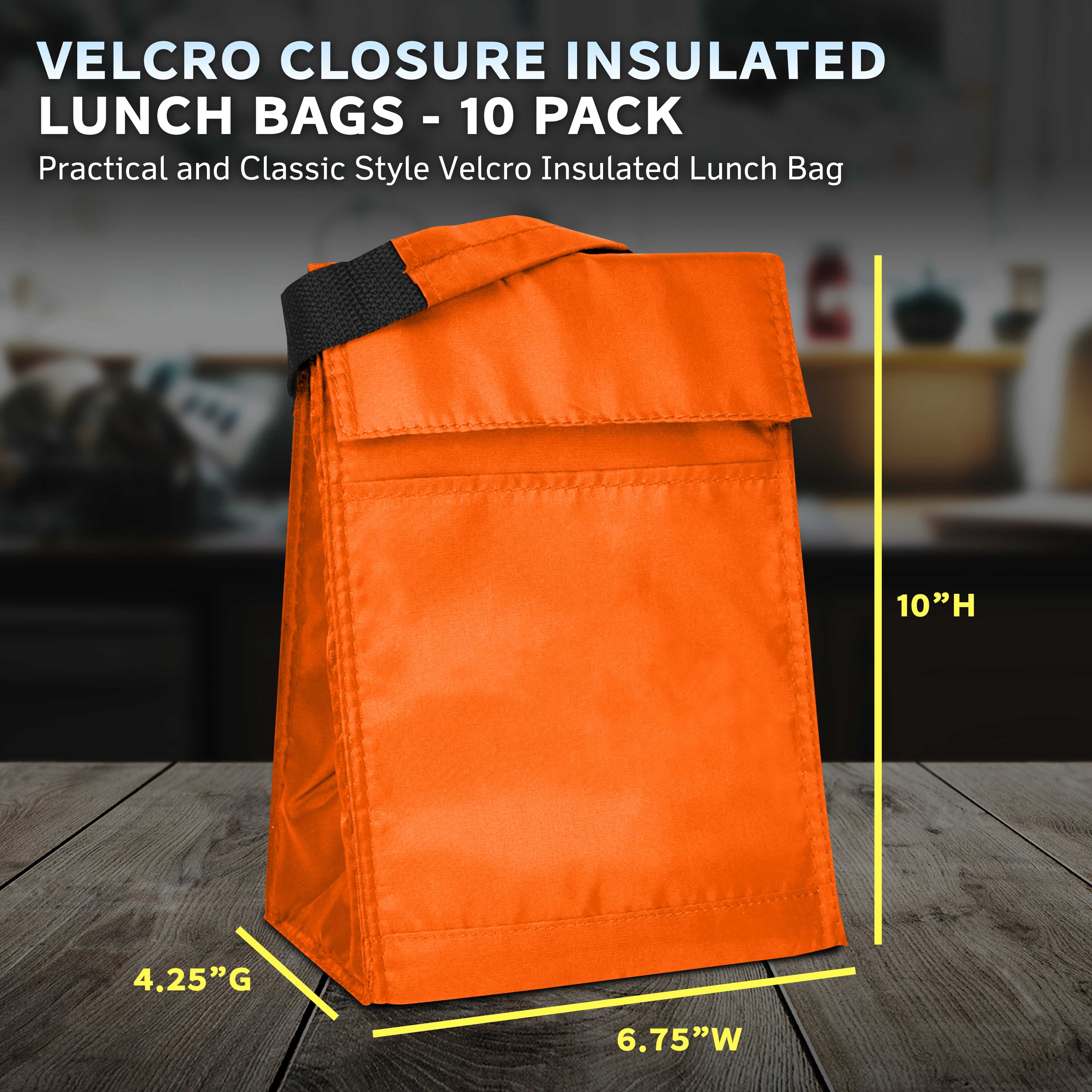 10 Hook and Loop Insulated Lunch Bags Set - Polyester, Durable, Vibrant, Reusable - Orange