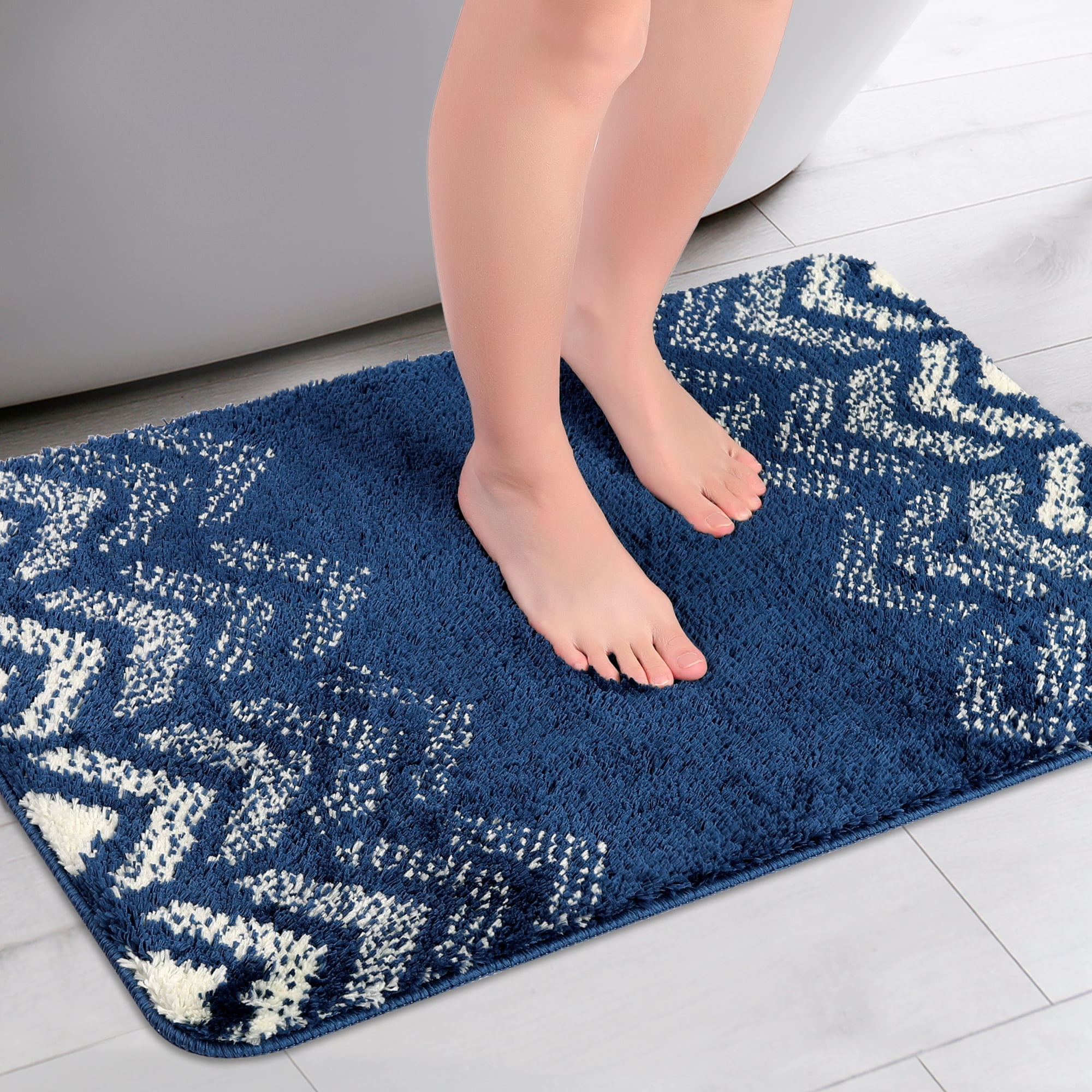Unique Bargains 2 Pcs Geometric Patterns Bathroom Mats Absorbent Non-Slip Bath Rugs Blue 20" x 32"