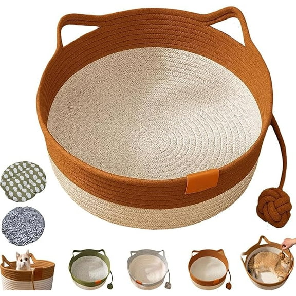 Instinct Basket for Cats, Stimulicat Cat Bed, Under 10kg Cotton Rope Cat Bed with Cushion, Large Foldable Natural Cats Toy Baskets with W/Ear Playing Ball Toy Tail