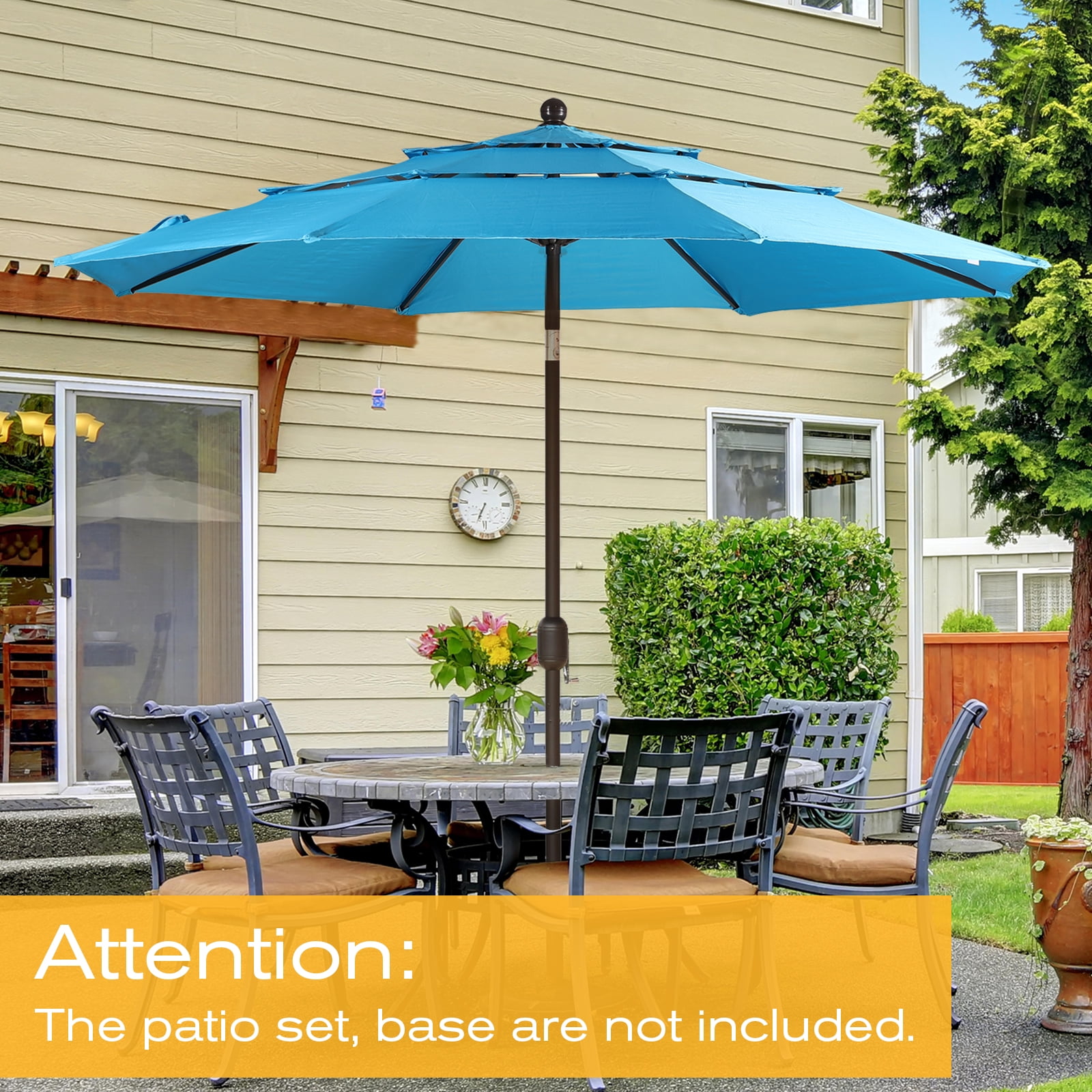 Aoodor 10ft 3-Tier Patio Umbrella, Outdoor Table Market Umbrella Tilt Adjustment and Crank - Light Blue
