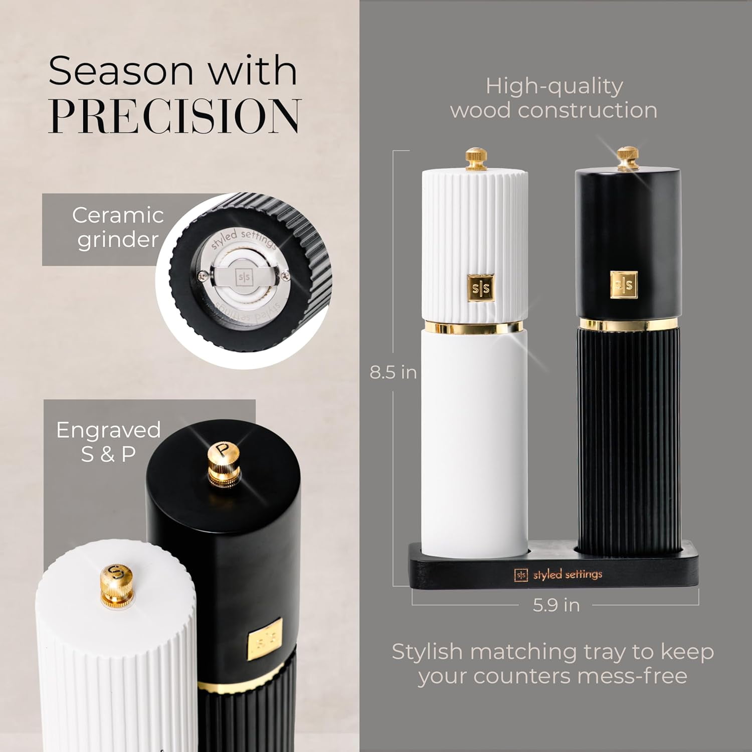Styled Settings White and Black Salt and Pepper Grinder Set with Gold Accents – Manual Wooden Mills with Adjustable Ceramic Grinders and Stand – Set of two