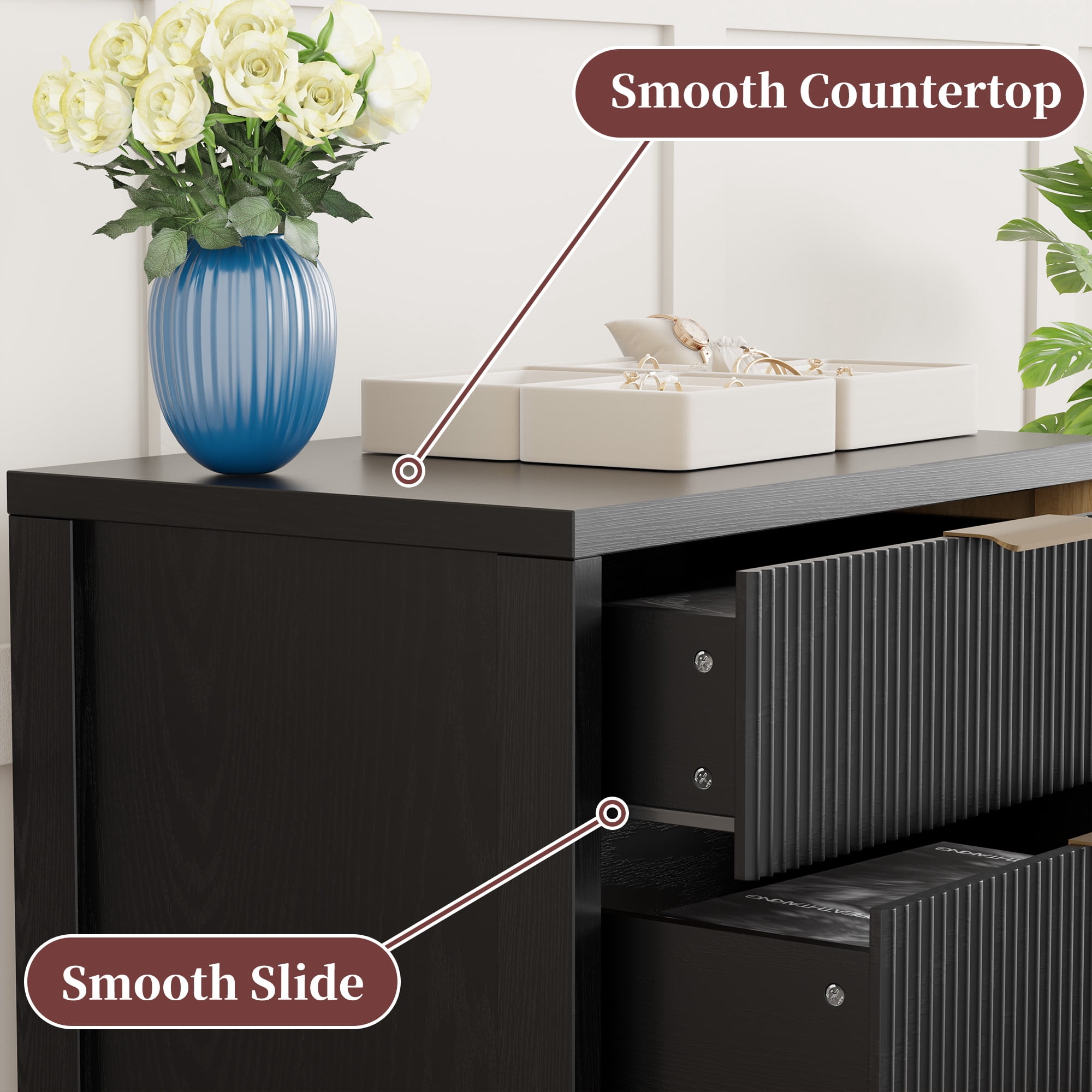 HASLE Fluted Nightstand with 3 Drawers, Mid-Century Modern Bedside Table, 23.7'' Wide Wood End Table for Bedroom, Black Finish